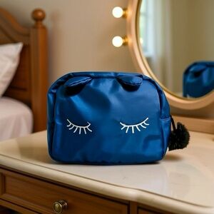 Navy Make-up Bag with zipper closure, 10” x 7”, Love & Wellness & Kitty Ears